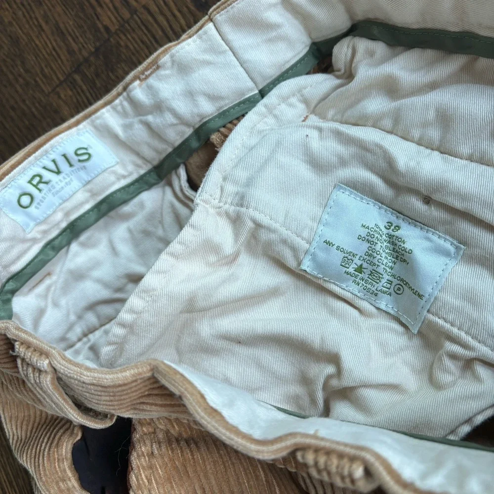 Vtg Orvis Leather Trim Corduroy Pants Mens 38x29 Tan Wide Wale Straight Trousers